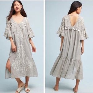 Anthropologie Maeve Light Blue Gray Boho Tassel Embroidered Dress Size 0 ⭐️